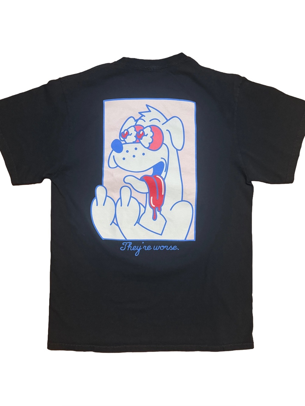 aLab Black Graphic Cartoon Funny Dog Tee with Red & Blue Artwork
